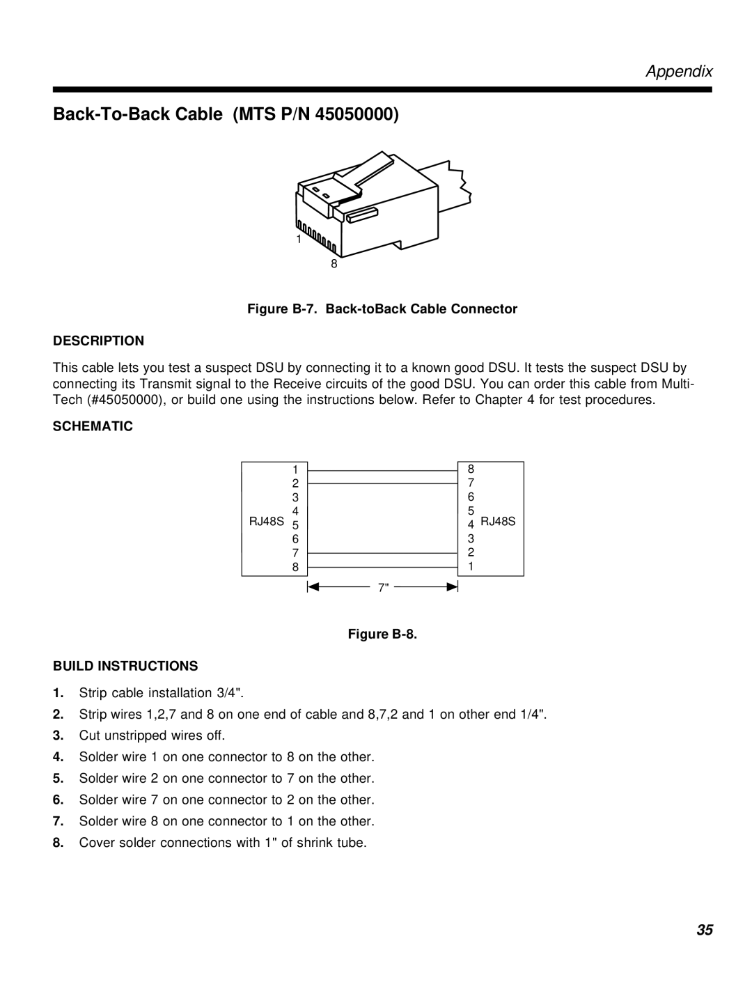 Multi-Tech Systems MT56DSU-S manual Back-To-Back Cable MTS P/N, Figure B-7. Back-toBack Cable Connector 