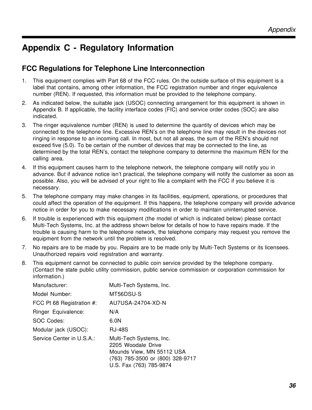 Multi-Tech Systems MT56DSU-S manual Appendix C Regulatory Information, FCC Regulations for Telephone Line Interconnection 