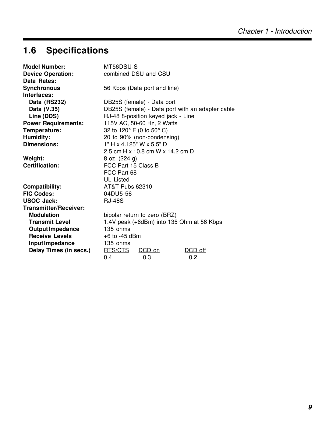 Multi-Tech Systems MT56DSU-S manual Specifications 