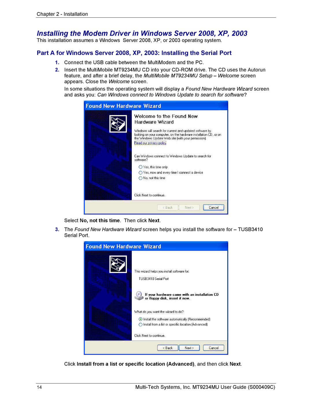 Multi-Tech Systems MT9234MU manual Installing the Modem Driver in Windows Server 2008, XP 