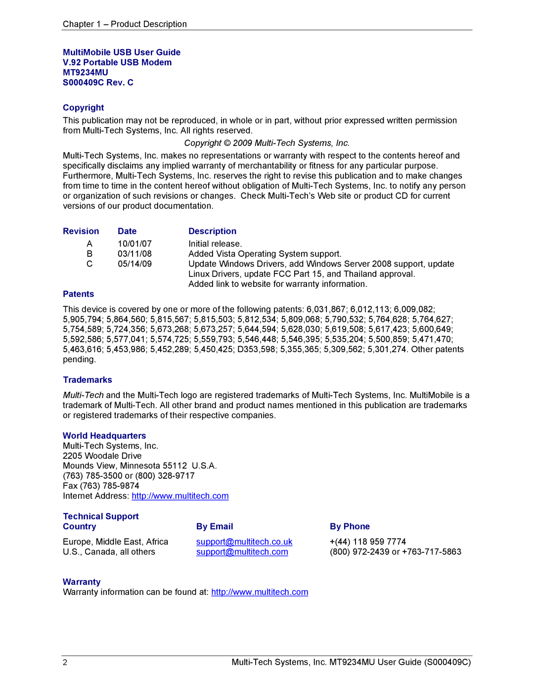 Multi-Tech Systems MT9234MU manual Revision Date Description, Patents, Trademarks, World Headquarters, Warranty 