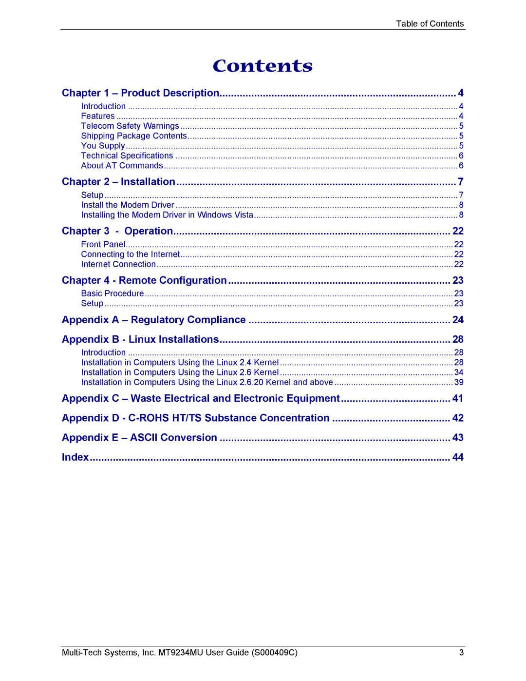 Multi-Tech Systems MT9234MU manual Contents 