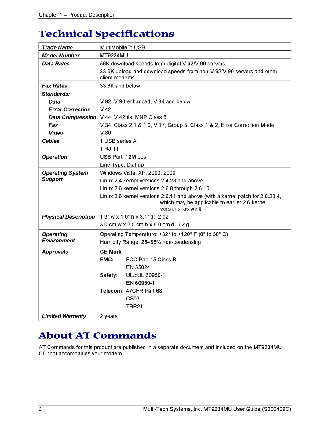 Multi-Tech Systems MT9234MU manual Technical Specifications, About AT Commands, CE Mark, Safety 