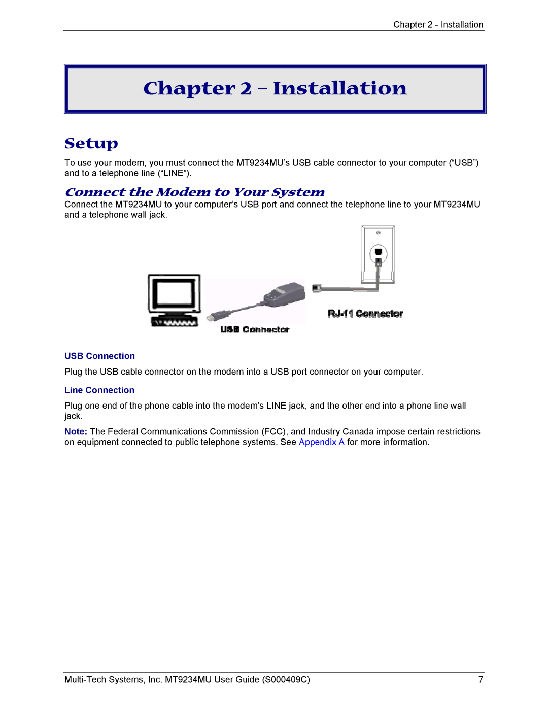 Multi-Tech Systems MT9234MU manual Installation, Setup, USB Connection, Line Connection 