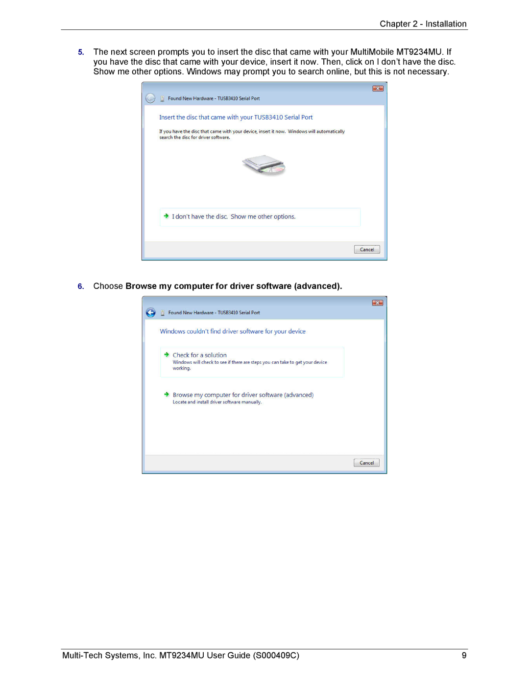 Multi-Tech Systems MT9234MU manual Choose Browse my computer for driver software advanced 
