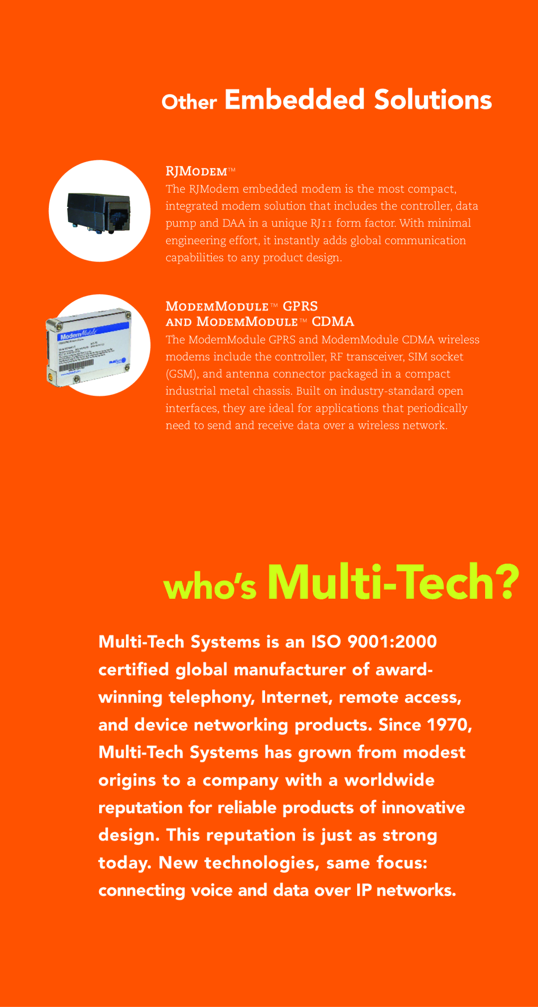 Multi-Tech Systems MT9234SMI, MT5600SMI, MT5656SMI, MT2456SMI-IP, MT128SMI manual Who’s Multi-Tech?, Other Embedded Solutions 