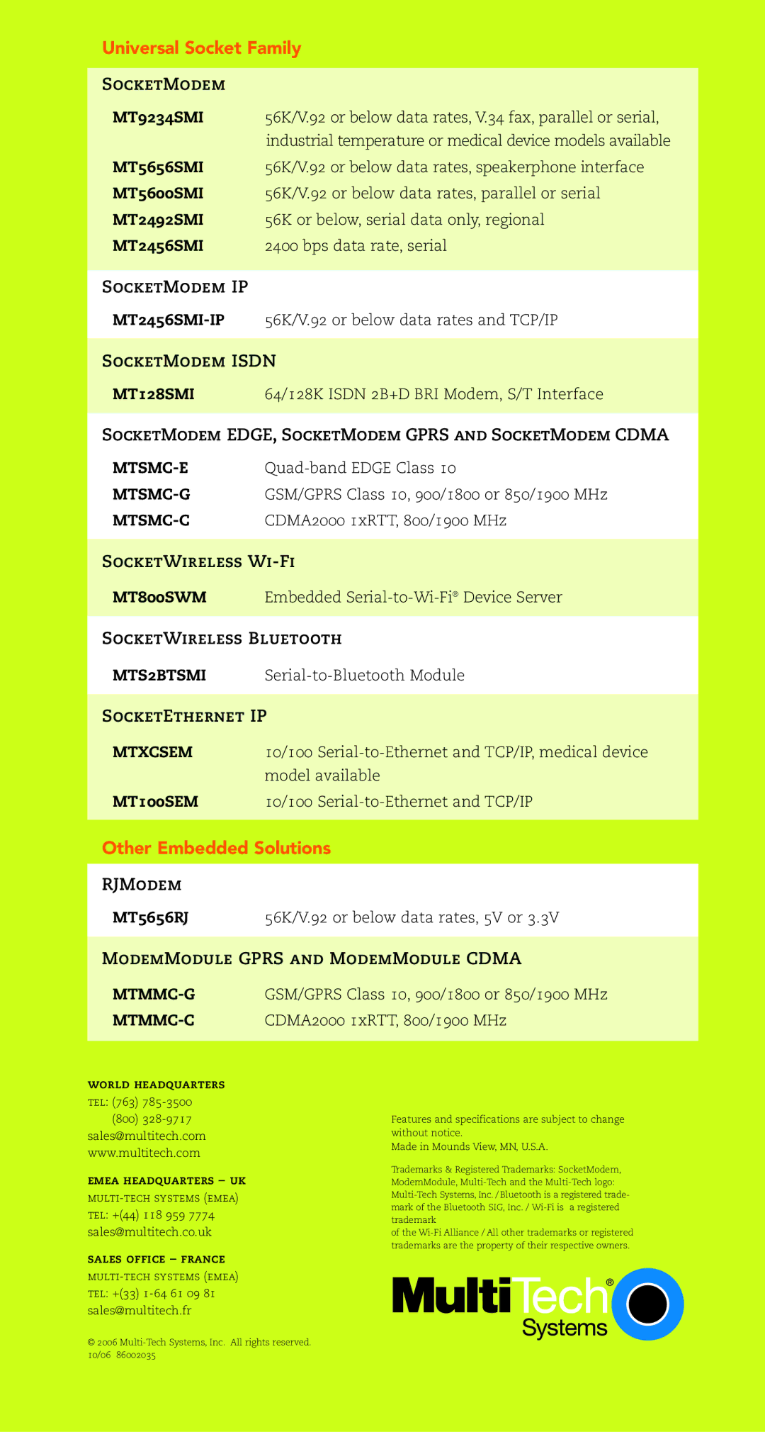 Multi-Tech Systems MT5600SMI, MT9234SMI, MT5656SMI, MT2456SMI-IP, MT128SMI Universal Socket Family, Other Embedded Solutions 