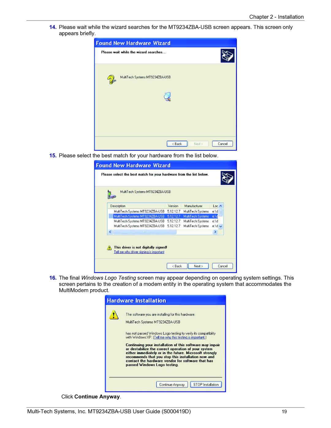 Multi-Tech Systems MT9234ZBA-USB manual Click Continue Anyway 