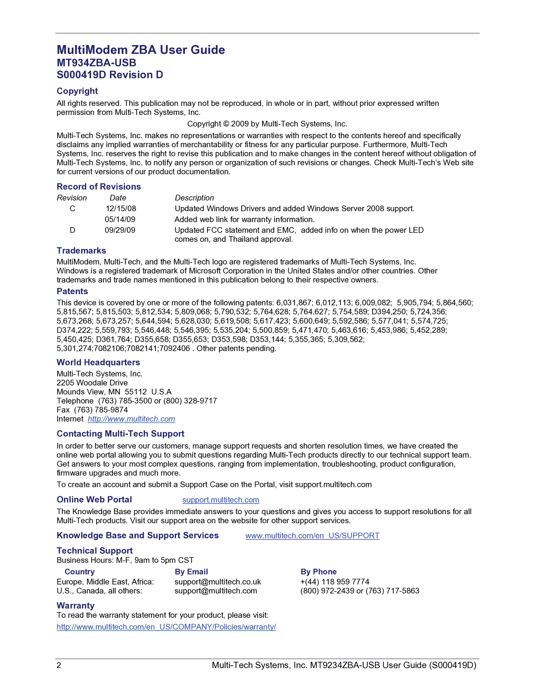 Multi-Tech Systems MT9234ZBA-USB manual MultiModem ZBA User Guide 