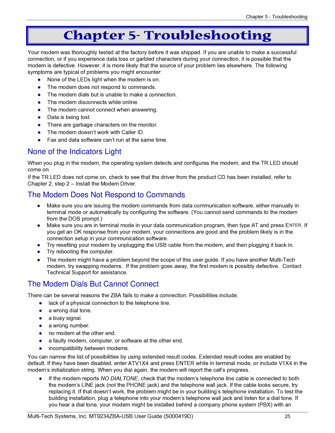 Multi-Tech Systems MT9234ZBA-USB manual None of the Indicators Light, Modem Does Not Respond to Commands 