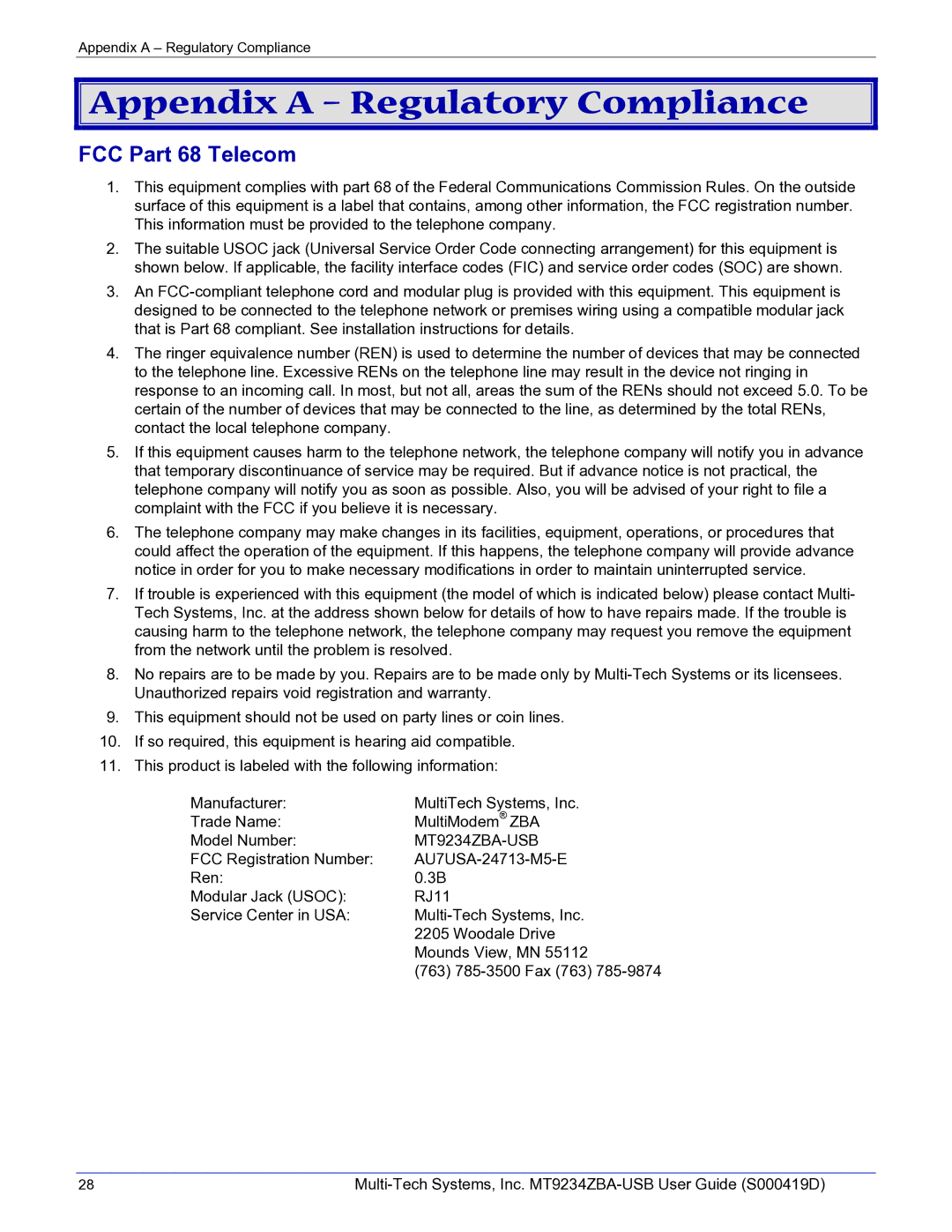 Multi-Tech Systems MT9234ZBA-USB manual Appendix a Regulatory Compliance, FCC Part 68 Telecom 