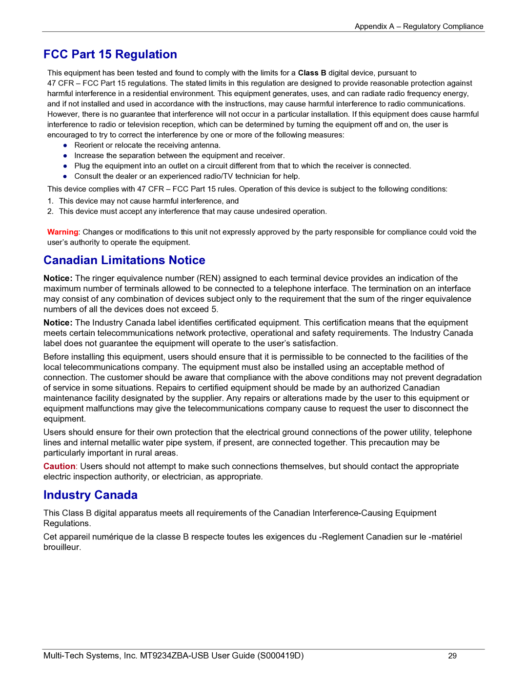 Multi-Tech Systems MT9234ZBA-USB manual FCC Part 15 Regulation, Canadian Limitations Notice, Industry Canada 