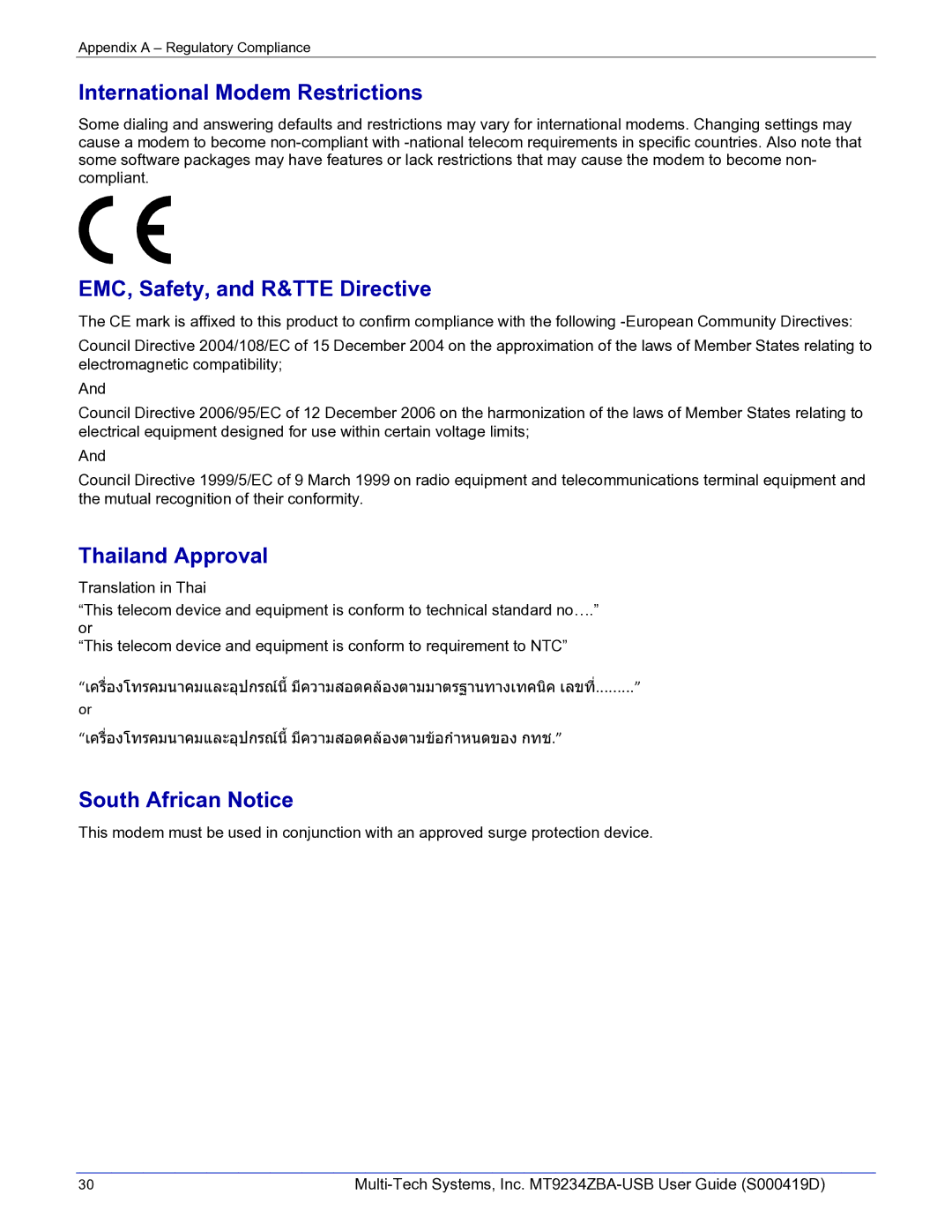 Multi-Tech Systems MT9234ZBA-USB International Modem Restrictions, EMC, Safety, and R&TTE Directive, Thailand Approval 