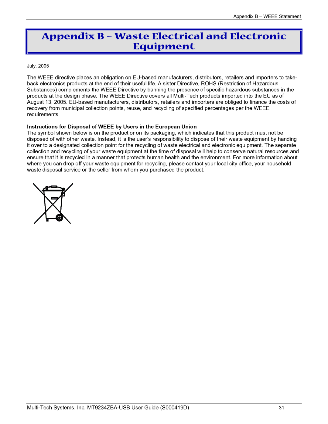 Multi-Tech Systems MT9234ZBA-USB manual Appendix B Waste Electrical and Electronic Equipment 