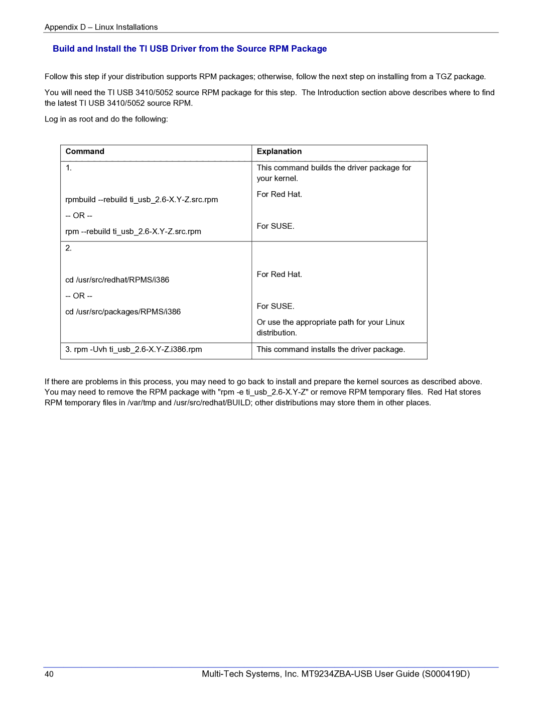 Multi-Tech Systems MT9234ZBA-USB manual This command builds the driver package for 