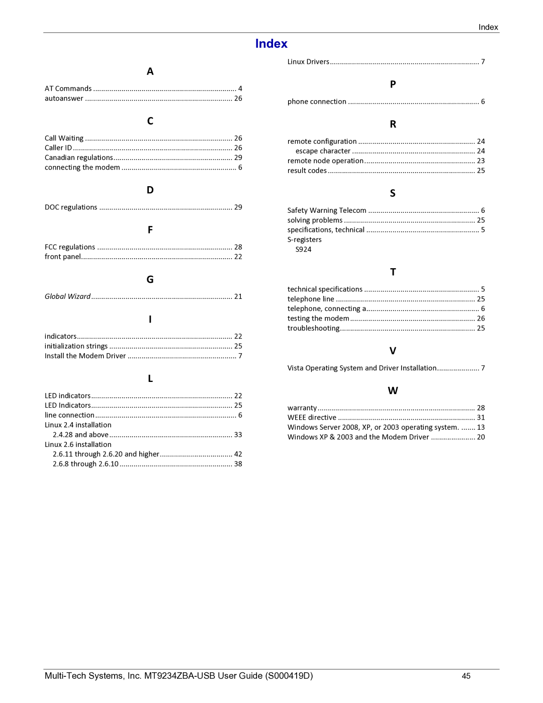 Multi-Tech Systems MT9234ZBA-USB manual Index, Global Wizard 