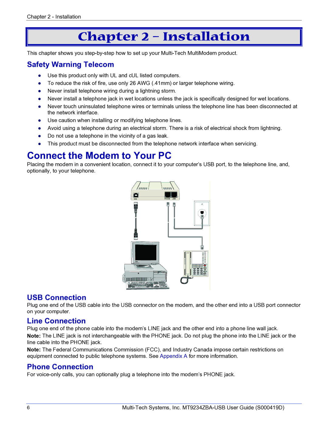 Multi-Tech Systems MT9234ZBA-USB manual Safety Warning Telecom, USB Connection, Line Connection, Phone Connection 