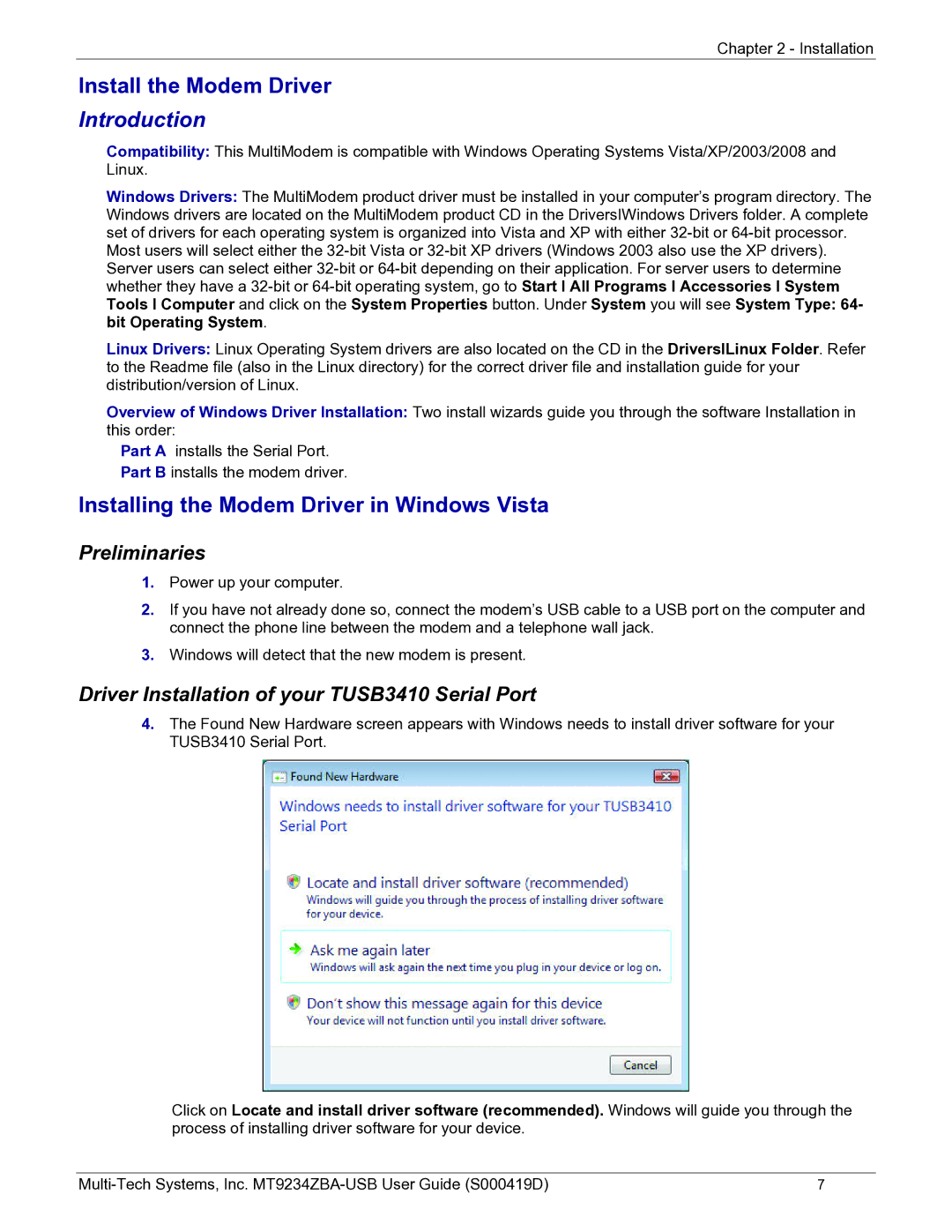 Multi-Tech Systems MT9234ZBA-USB Install the Modem Driver, Introduction, Installing the Modem Driver in Windows Vista 