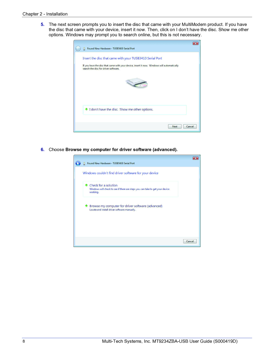 Multi-Tech Systems MT9234ZBA-USB manual Choose Browse my computer for driver software advanced 
