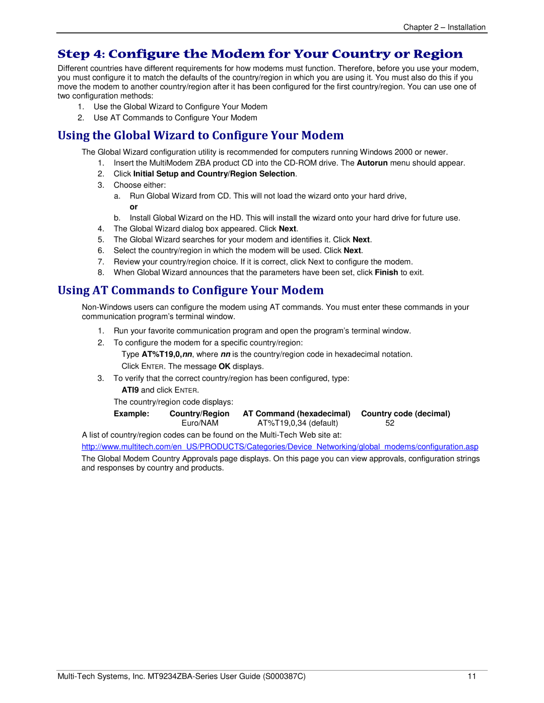 Multi-Tech Systems MT9234ZBA Configure the Modem for Your Country or Region, Using AT Commands to Configure Your Modem 