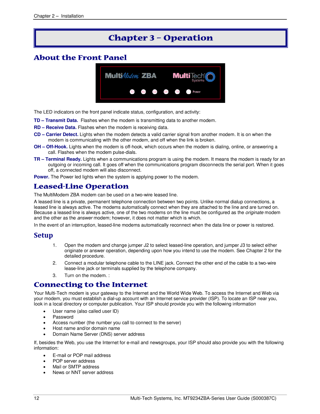 Multi-Tech Systems MT9234ZBA-V manual About the Front Panel, Leased-Line Operation, Setup, Connecting to the Internet 