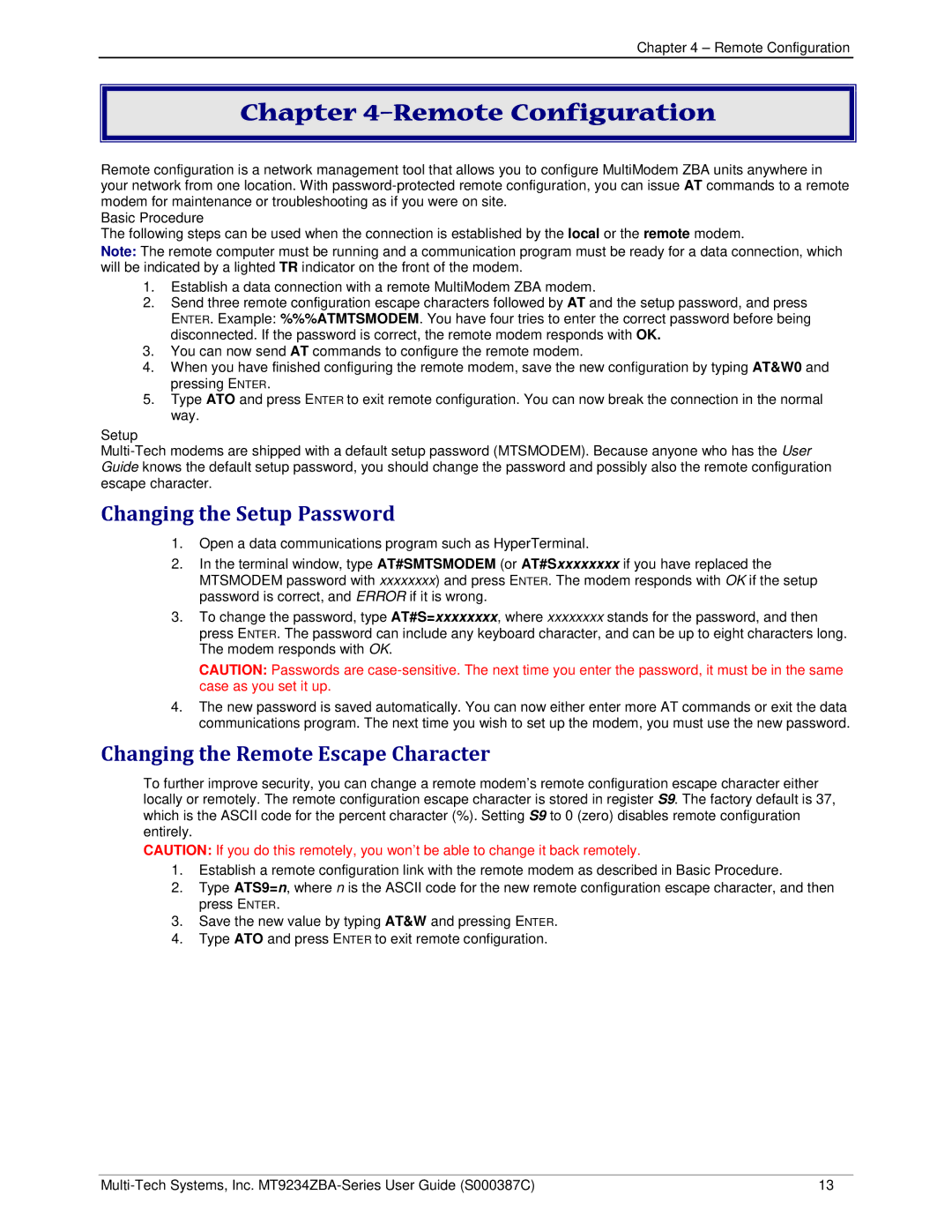 Multi-Tech Systems MT9234ZBA manual Remote Configuration, Changing the Setup Password, Changing the Remote Escape Character 