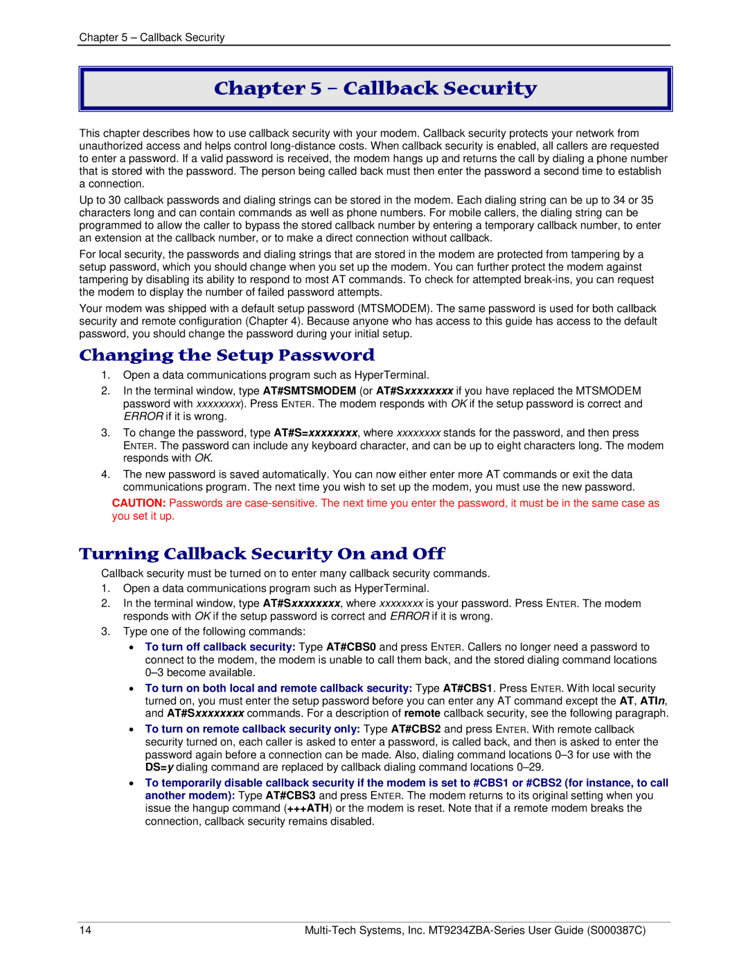 Multi-Tech Systems MT9234ZBA-V manual Changing the Setup Password, Turning Callback Security On and Off 