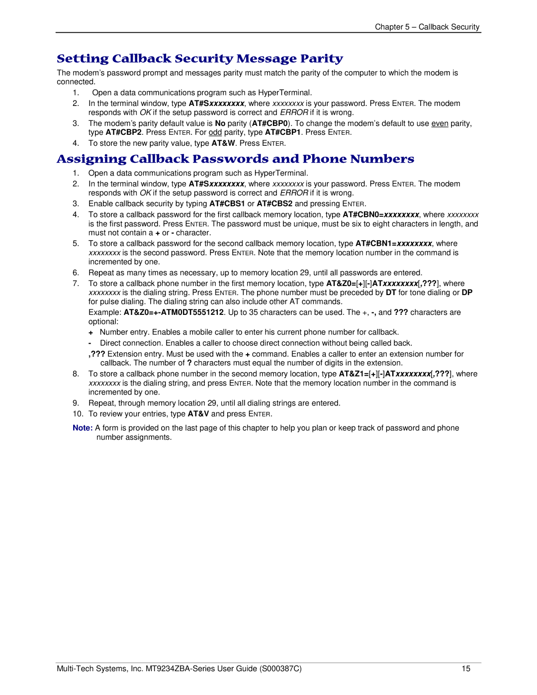 Multi-Tech Systems MT9234ZBA Setting Callback Security Message Parity, Assigning Callback Passwords and Phone Numbers 