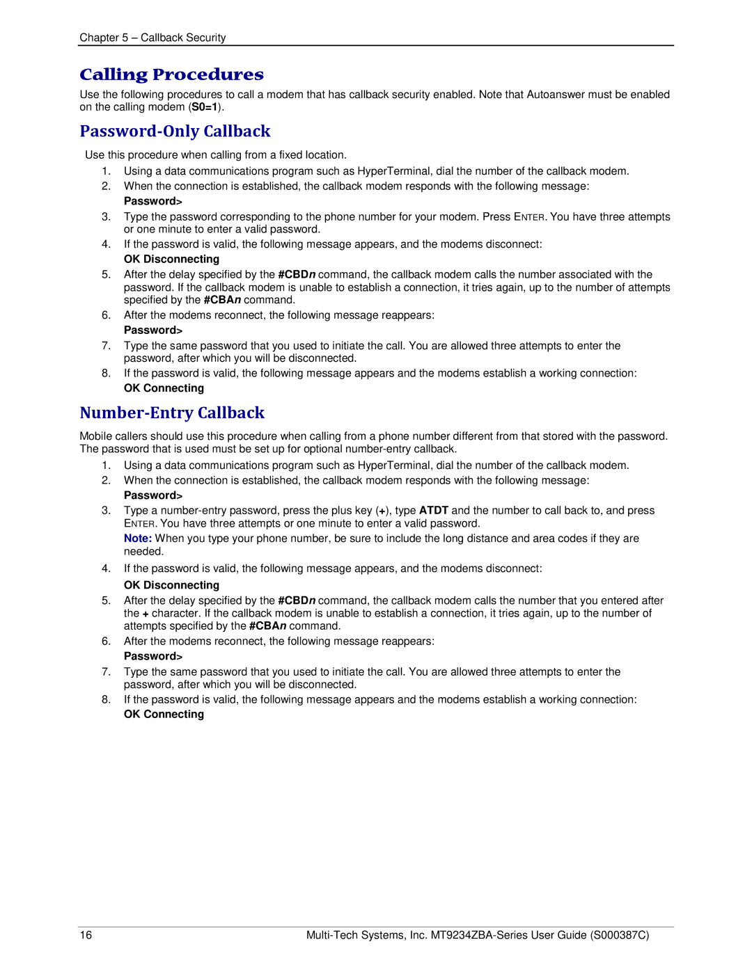 Multi-Tech Systems MT9234ZBA-V manual Calling Procedures, Password-Only Callback, Number-Entry Callback 