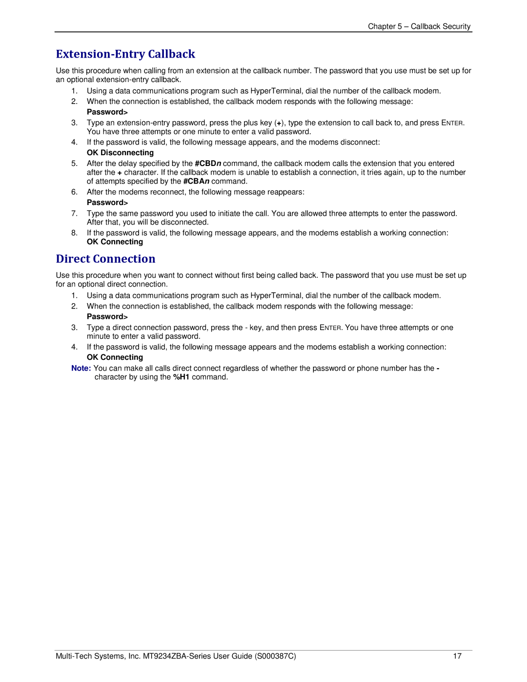 Multi-Tech Systems MT9234ZBA-V manual Extension-Entry Callback, Direct Connection 