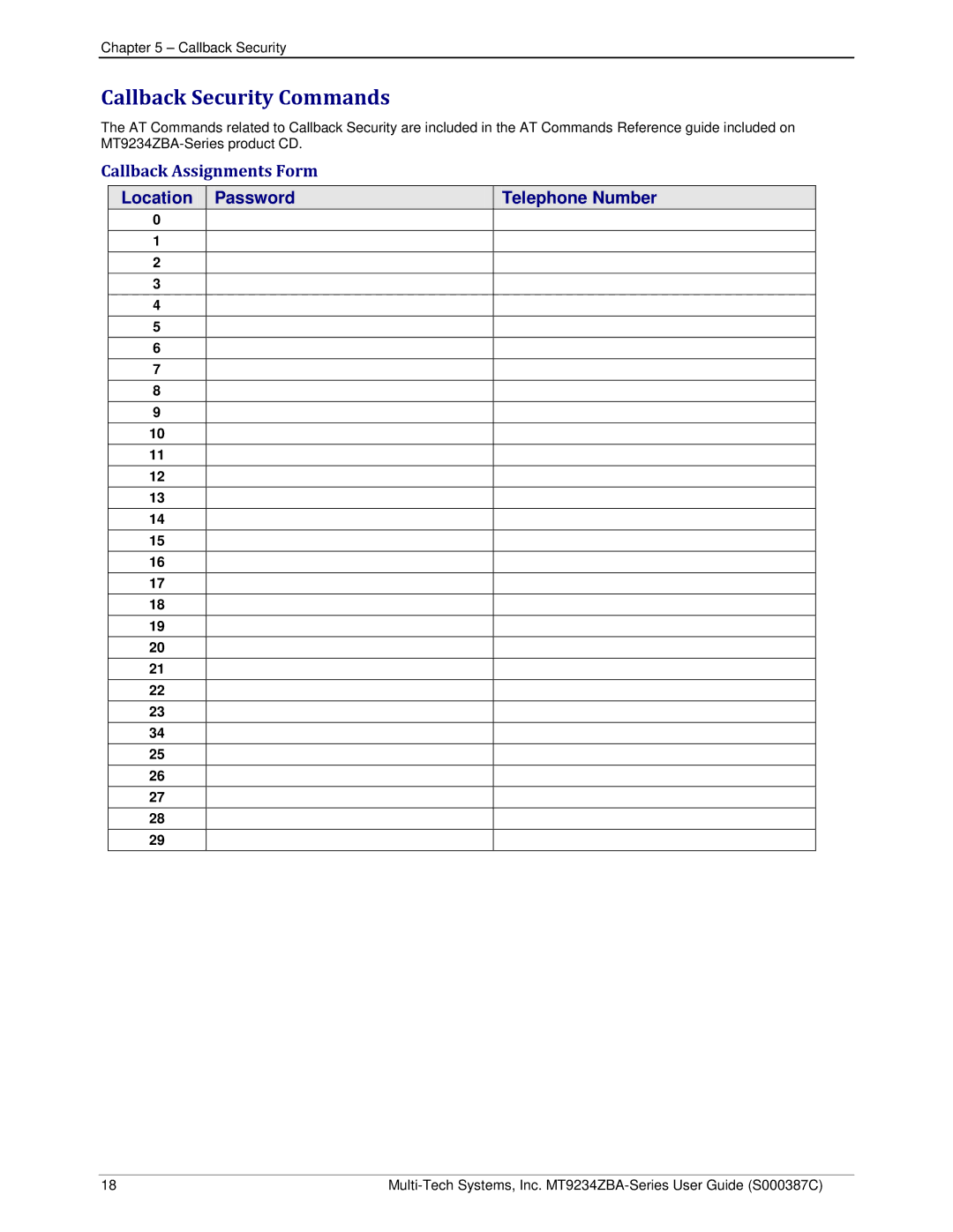 Multi-Tech Systems MT9234ZBA-V manual Callback Security Commands, Callback Assignments Form 