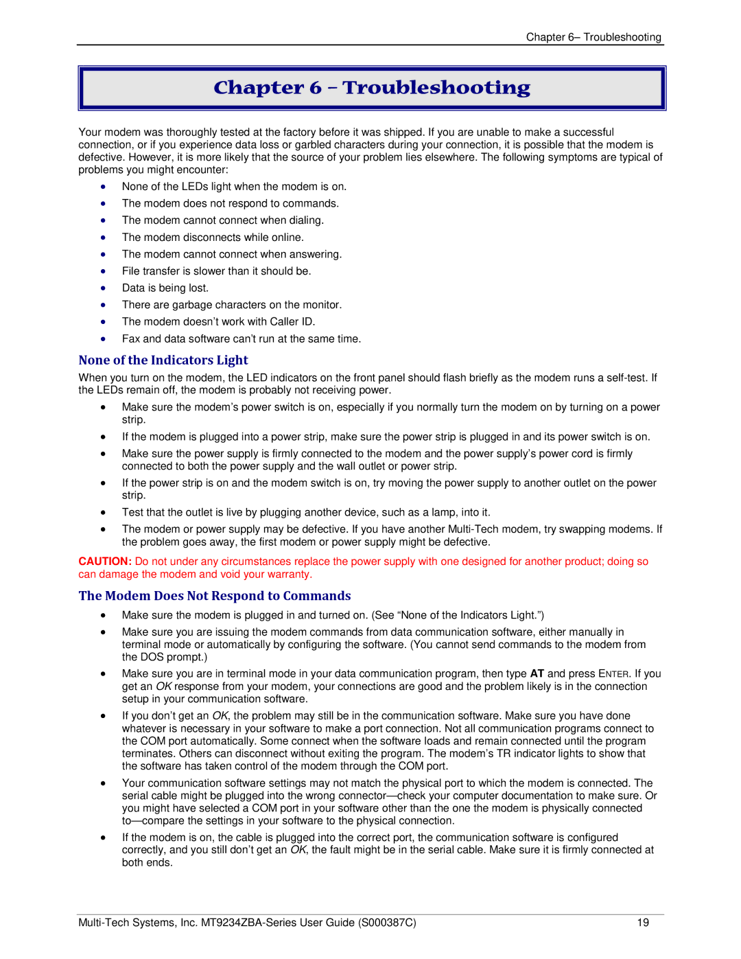 Multi-Tech Systems MT9234ZBA manual Troubleshooting, None of the Indicators Light, Modem Does Not Respond to Commands 