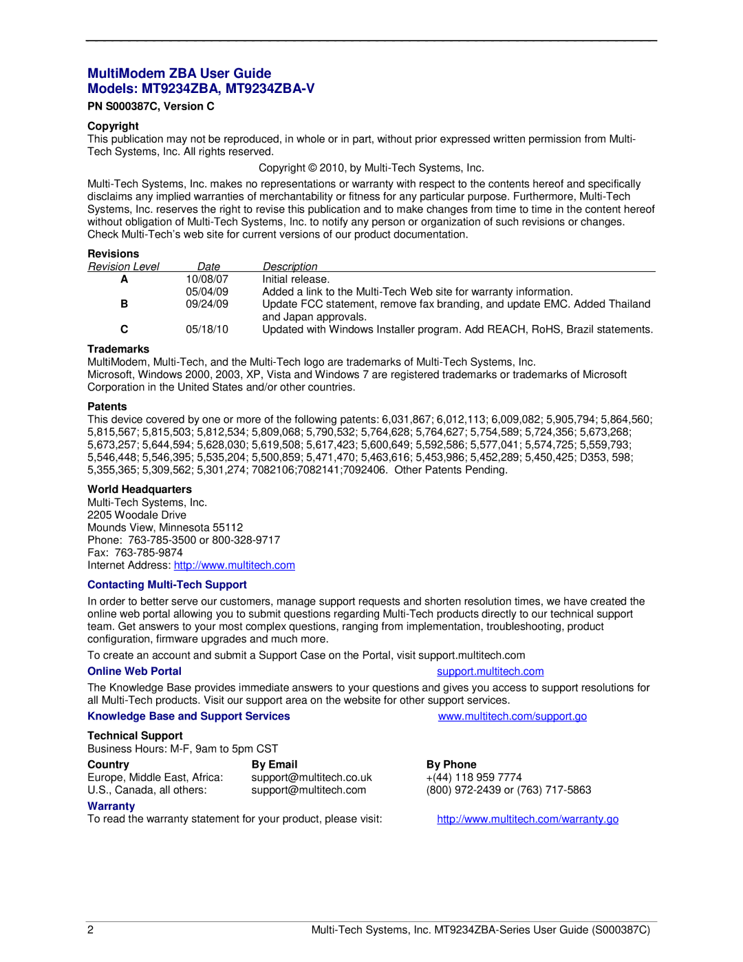 Multi-Tech Systems MT9234ZBA-V manual PN S000387C, Version C Copyright, Trademarks, Patents, World Headquarters 