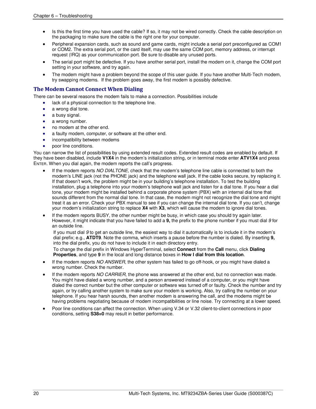 Multi-Tech Systems MT9234ZBA-V manual Modem Cannot Connect When Dialing 