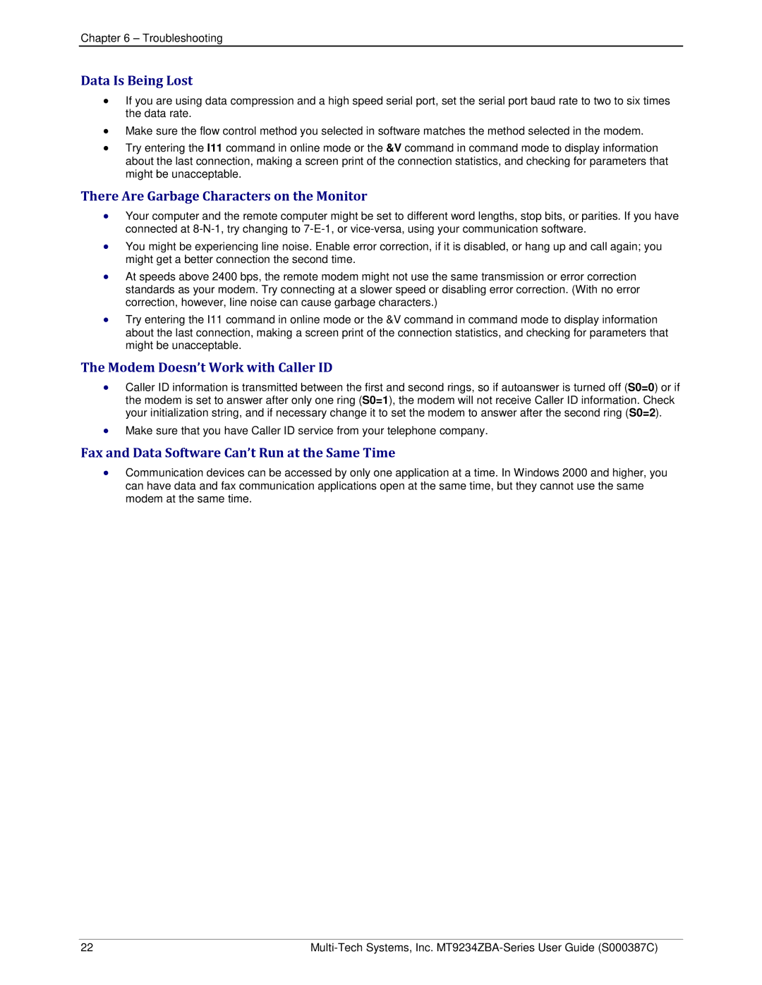 Multi-Tech Systems MT9234ZBA-V manual Data Is Being Lost, There Are Garbage Characters on the Monitor 