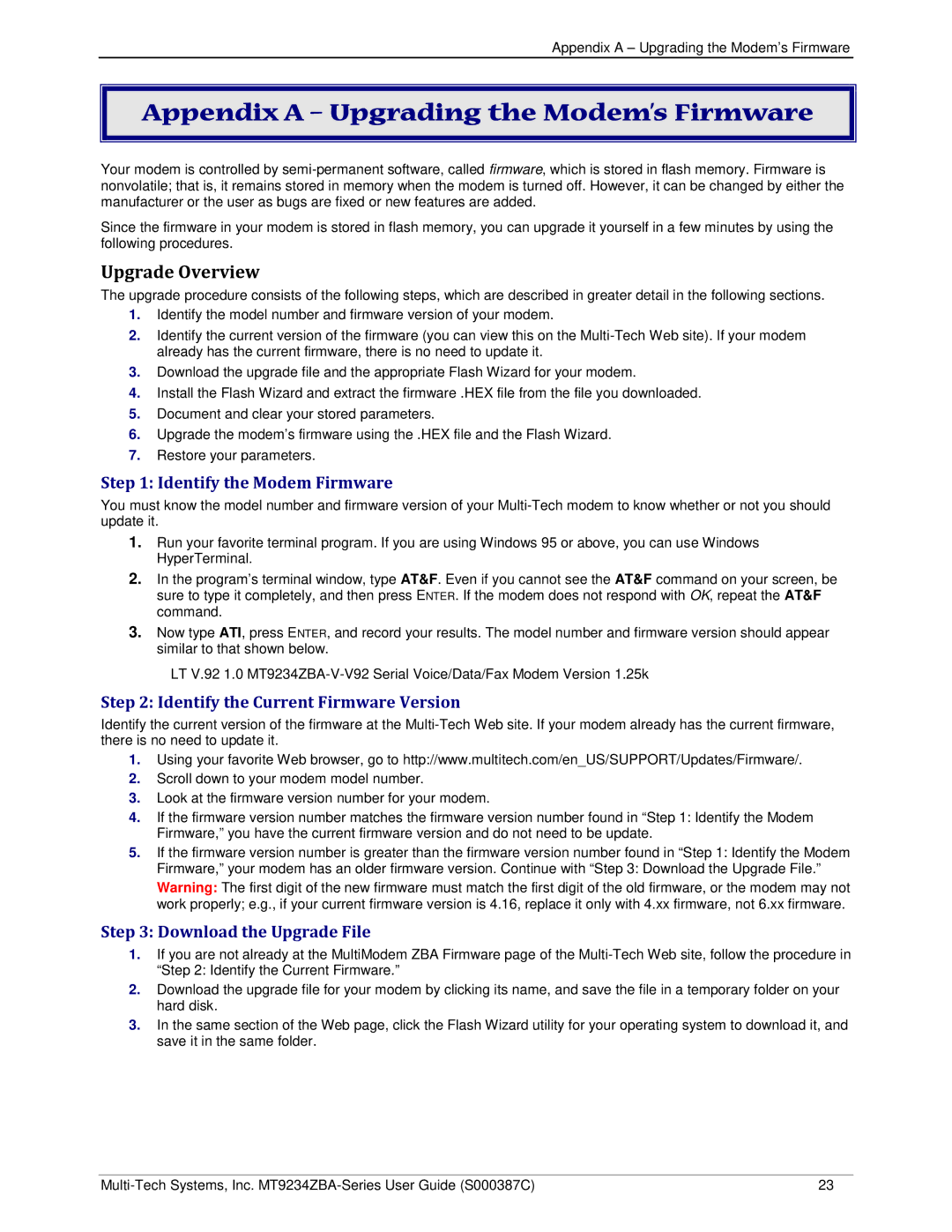 Multi-Tech Systems MT9234ZBA-V manual Appendix a Upgrading the Modem’s Firmware, Identify the Modem Firmware 