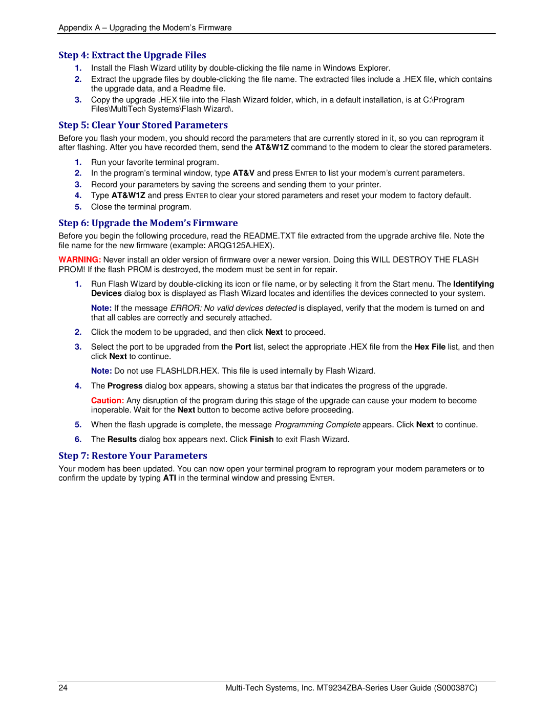 Multi-Tech Systems MT9234ZBA-V manual Extract the Upgrade Files, Clear Your Stored Parameters, Upgrade the Modem’s Firmware 