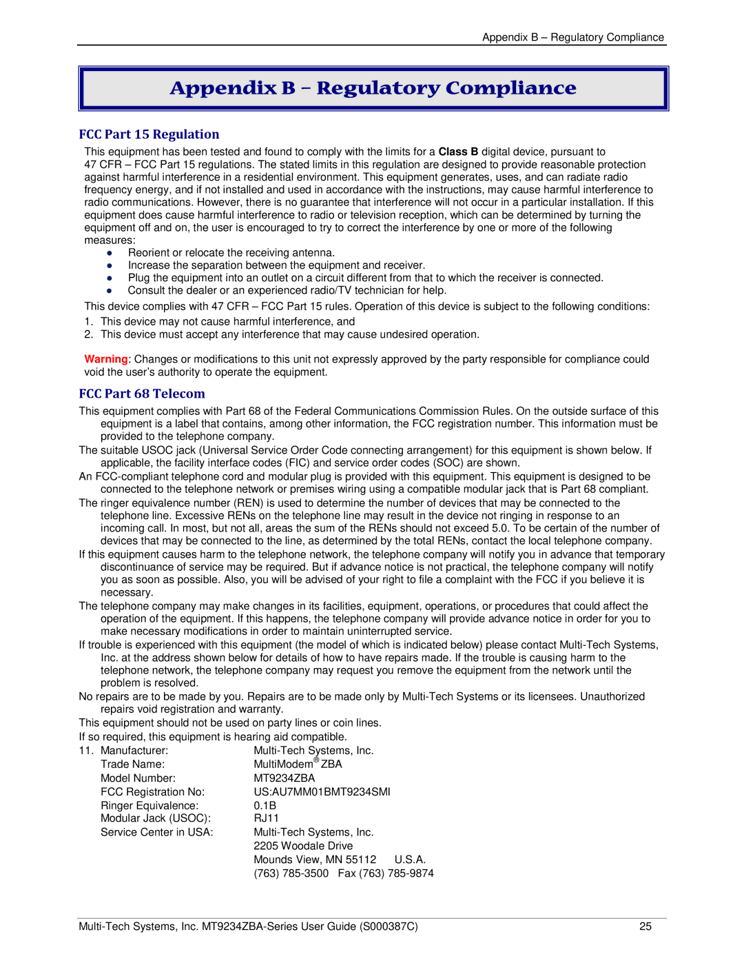 Multi-Tech Systems MT9234ZBA-V manual Appendix B Regulatory Compliance, FCC Part 15 Regulation, FCC Part 68 Telecom 