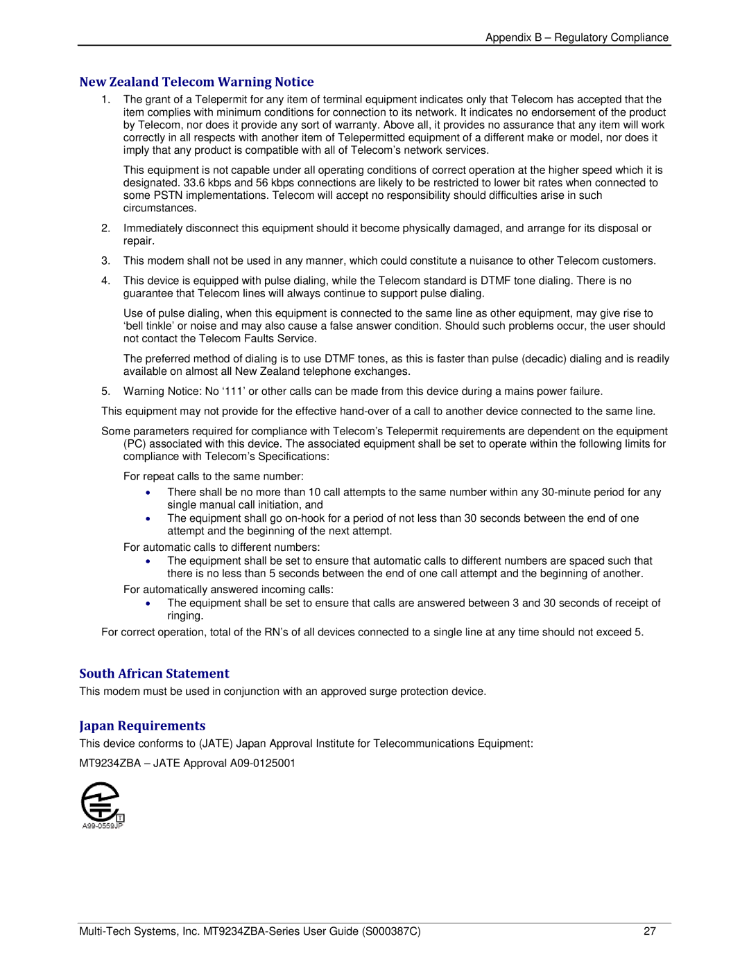 Multi-Tech Systems MT9234ZBA-V manual New Zealand Telecom Warning Notice, South African Statement, Japan Requirements 