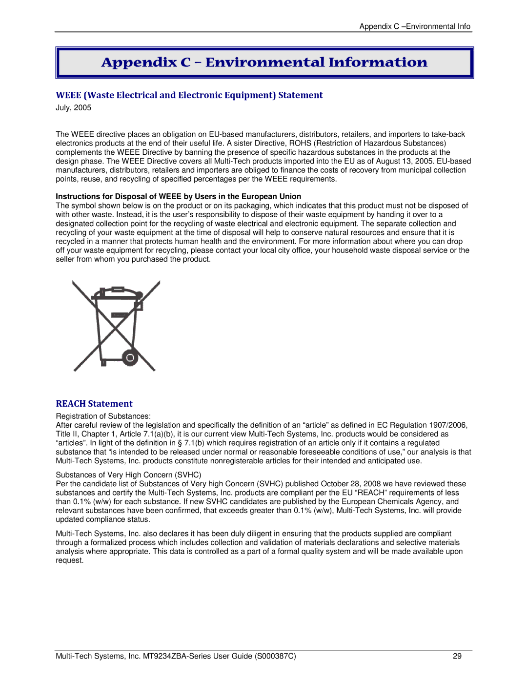 Multi-Tech Systems MT9234ZBA-V manual Appendix C Environmental Information, Reach Statement 