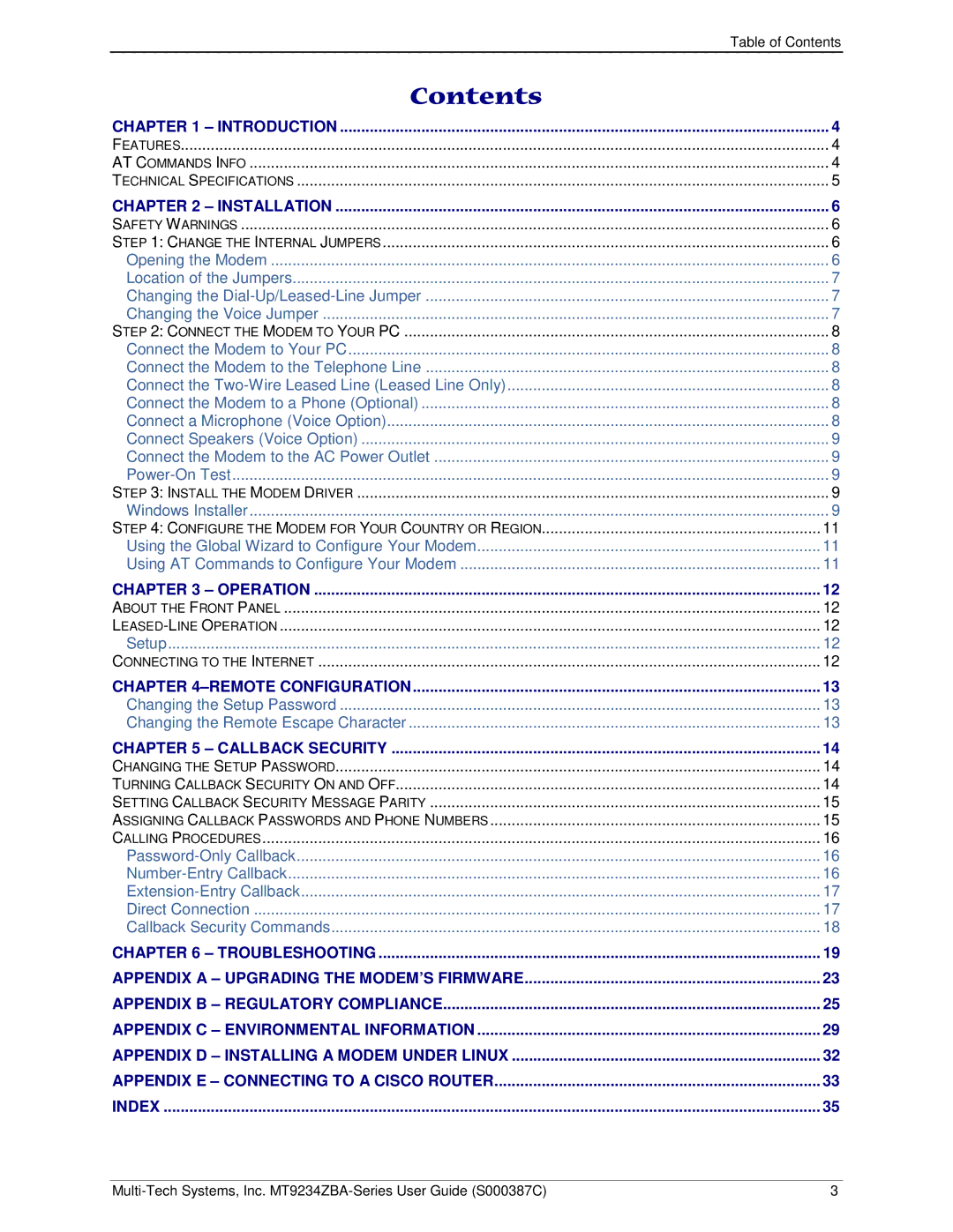 Multi-Tech Systems MT9234ZBA-V manual Contents 