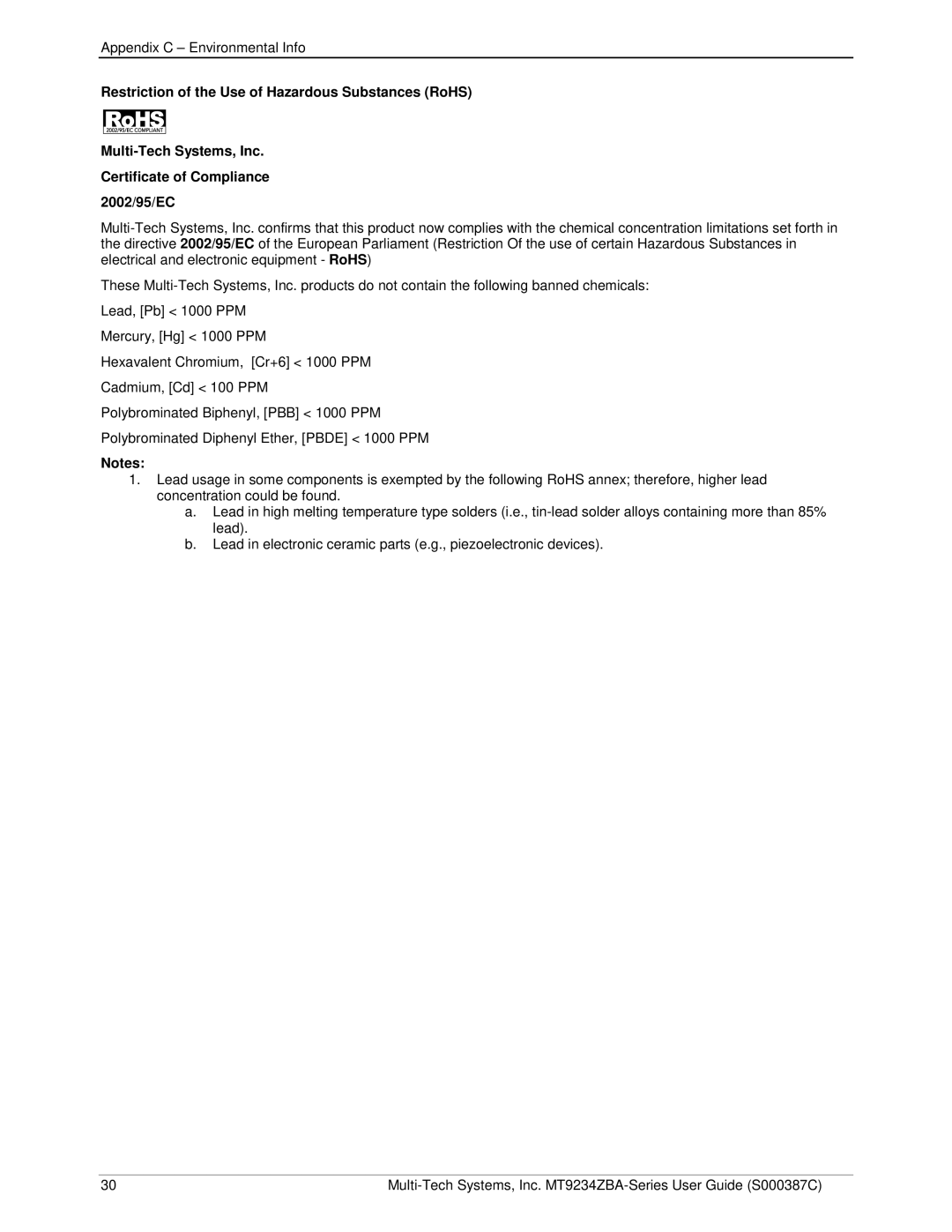 Multi-Tech Systems MT9234ZBA-V manual Appendix C Environmental Info 