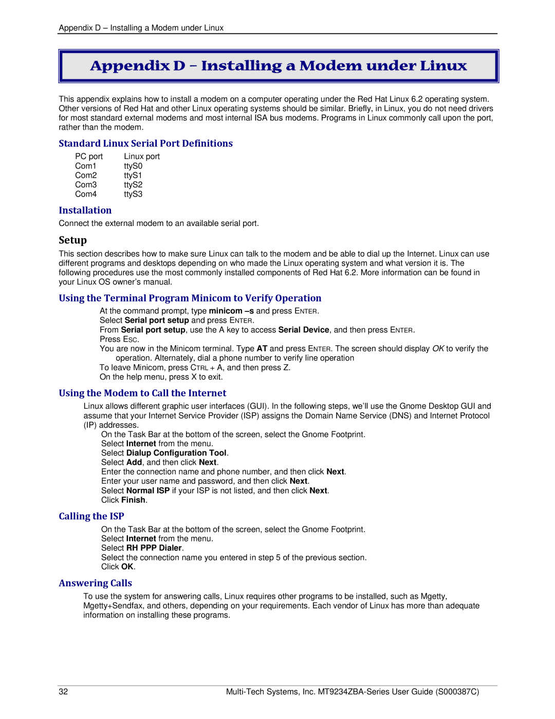 Multi-Tech Systems MT9234ZBA-V manual Appendix D Installing a Modem under Linux 