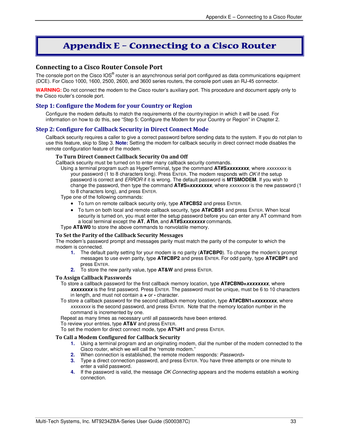 Multi-Tech Systems MT9234ZBA manual Appendix E Connecting to a Cisco Router, Configure the Modem for your Country or Region 