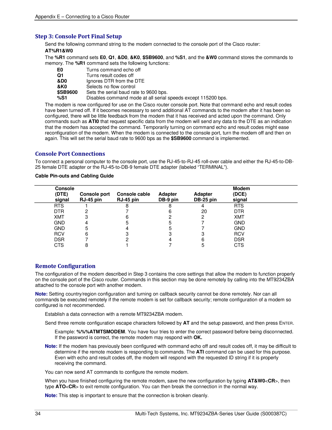 Multi-Tech Systems MT9234ZBA-V manual Console Port Final Setup, Console Port Connections, Remote Configuration 