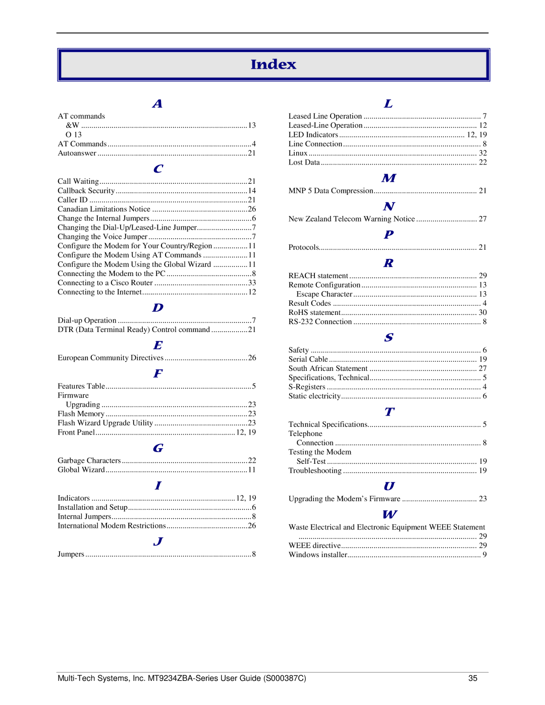 Multi-Tech Systems MT9234ZBA-V manual Index, AT commands 