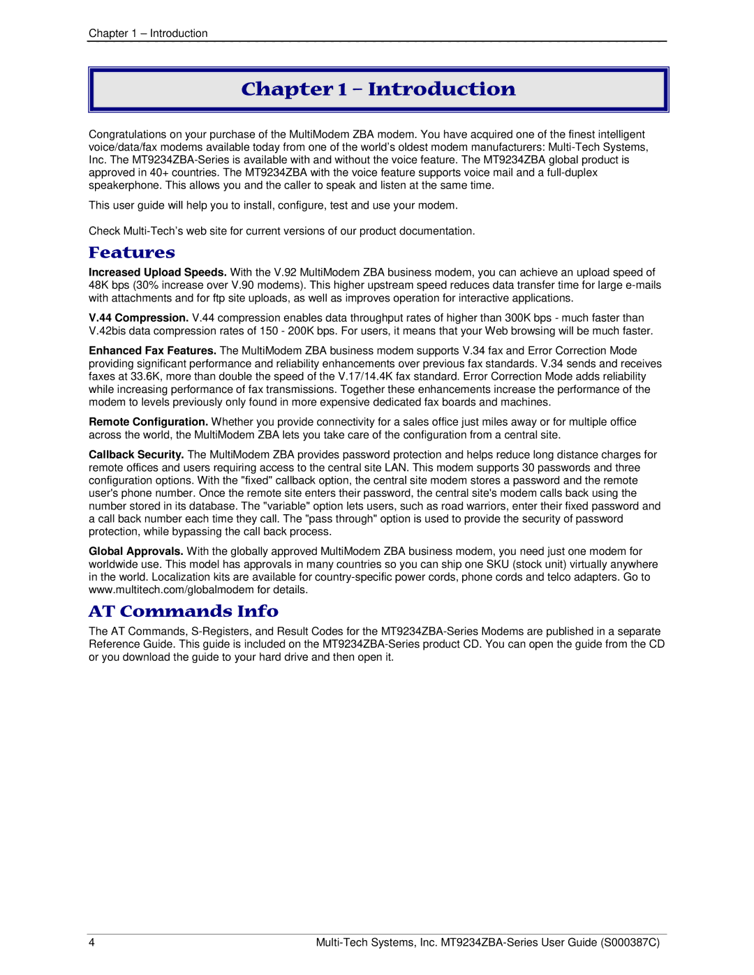 Multi-Tech Systems MT9234ZBA-V manual Introduction, Features, AT Commands Info 