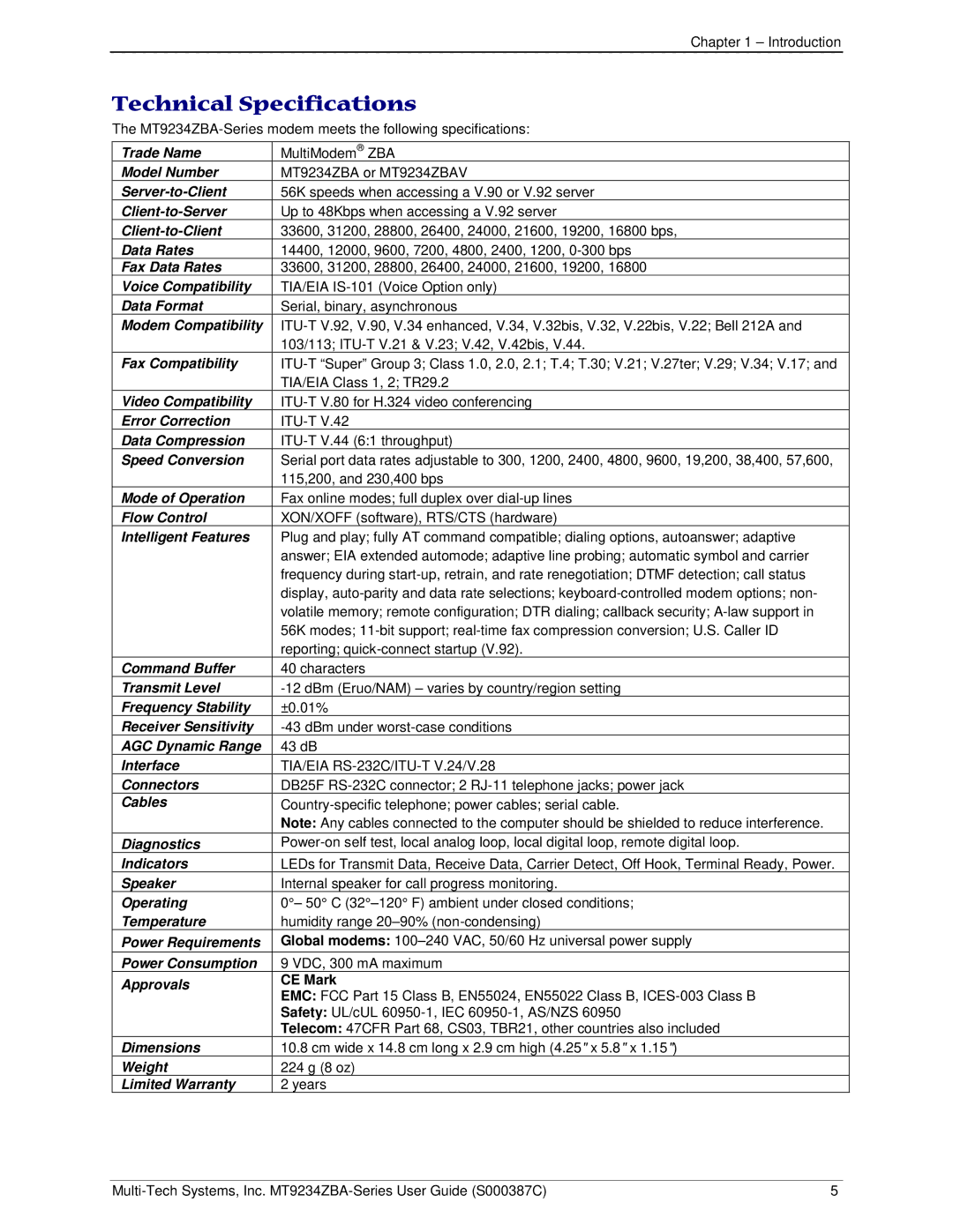 Multi-Tech Systems MT9234ZBA-V manual Technical Specifications, CE Mark 