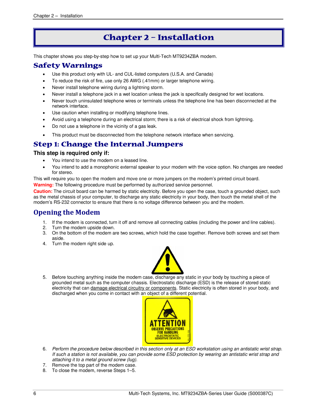 Multi-Tech Systems MT9234ZBA-V manual Installation, Safety Warnings, Change the Internal Jumpers, Opening the Modem 