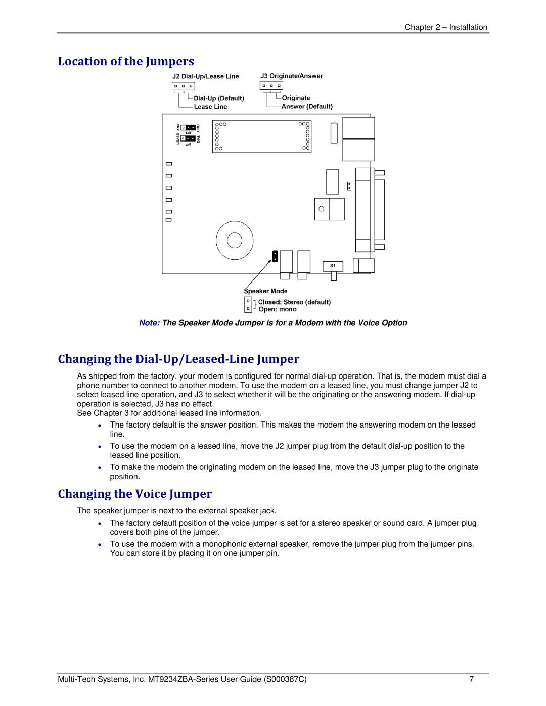 Multi-Tech Systems MT9234ZBA-V manual Changing the Voice Jumper 